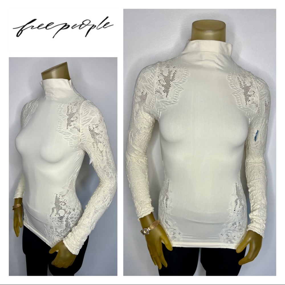 FREE PEOPLE Off White Fitted Mock Turtleneck Blouse Top Lace Design NWT BodyCon